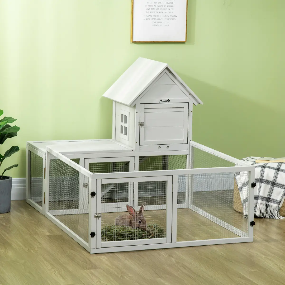 PawHut PawHut Rabbit Hutch Guinea Pig Cage w/ Slide-Out Tray, Fenced Area - Rabbit Hutch