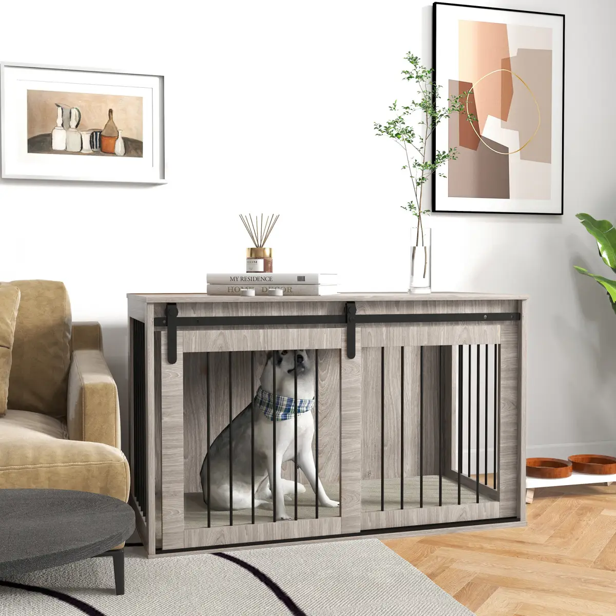 PawHut PawHut Dog Crate Furniture with Removable Cushion for XL Dogs - Brown - Dog Crate