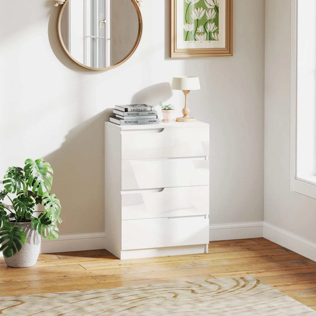 HOMCOM HOMCOM 4 Drawer Chest 60x40x85cm High Gloss Drawer Panels Hidden Curved Handles for Bedroom Storage - Chest of Drawers