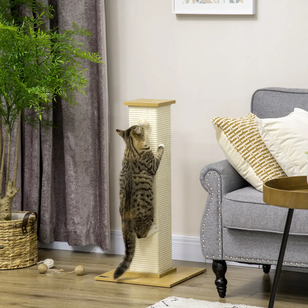 PawHut 80cm Sisal Rope Scratching Post w/ Toy Ball - White - Cat Tree