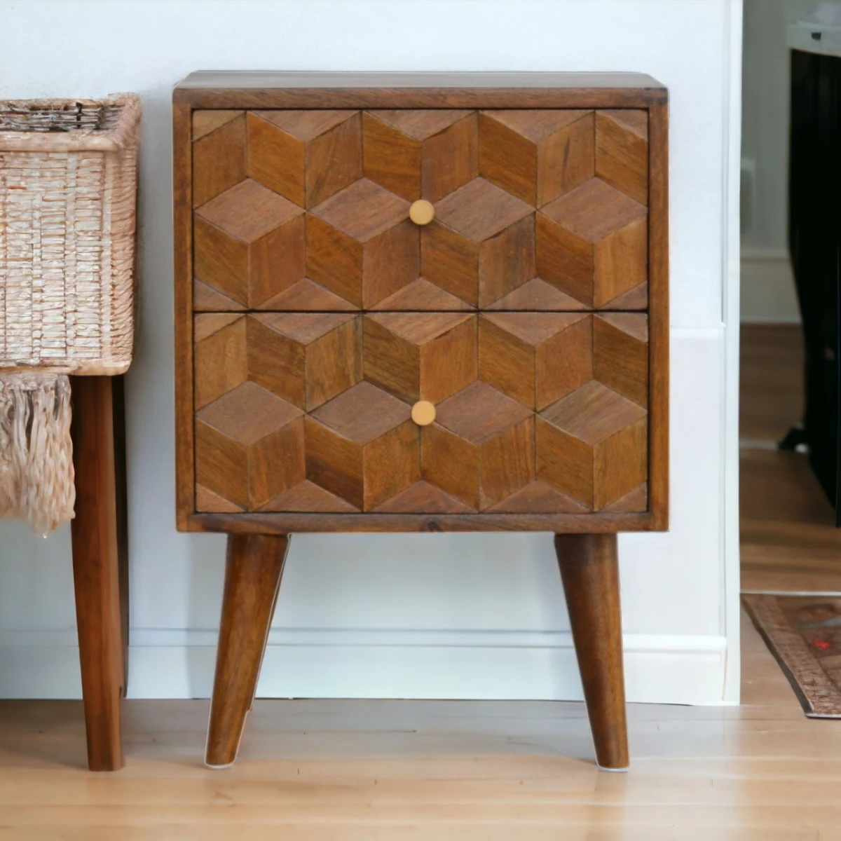 Artisan Solid Mango Wood Bedside Table Hand Carved Cube Drawer Fronts Bedroom Decor by Artisan Furniture