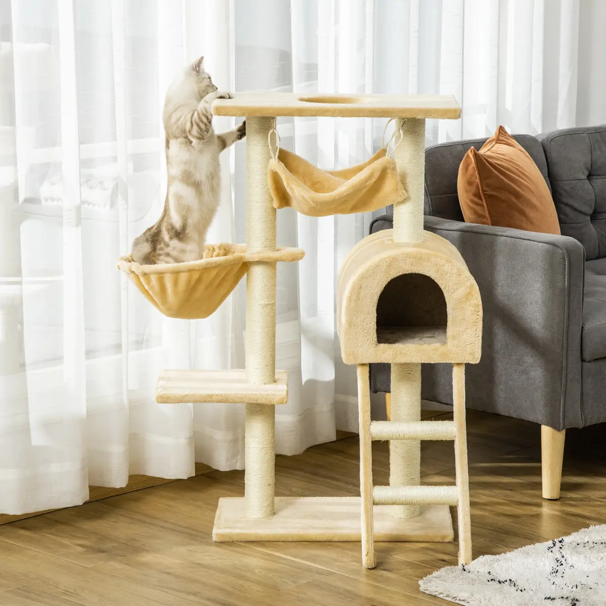 Cat Tree for Indoor Cats Scratching Post w/ Hammock House Bed Basket Pawhut - Cat Tree