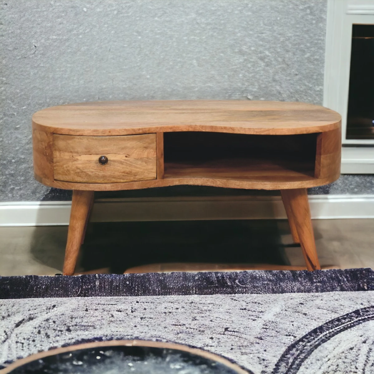 Artisan Furniture Artisan Coffee Table Oval 40InL Solid Mango Wood Oakish Finish Curved Wave Drawer Shelf For Modern Living Rooms - Coffee Table