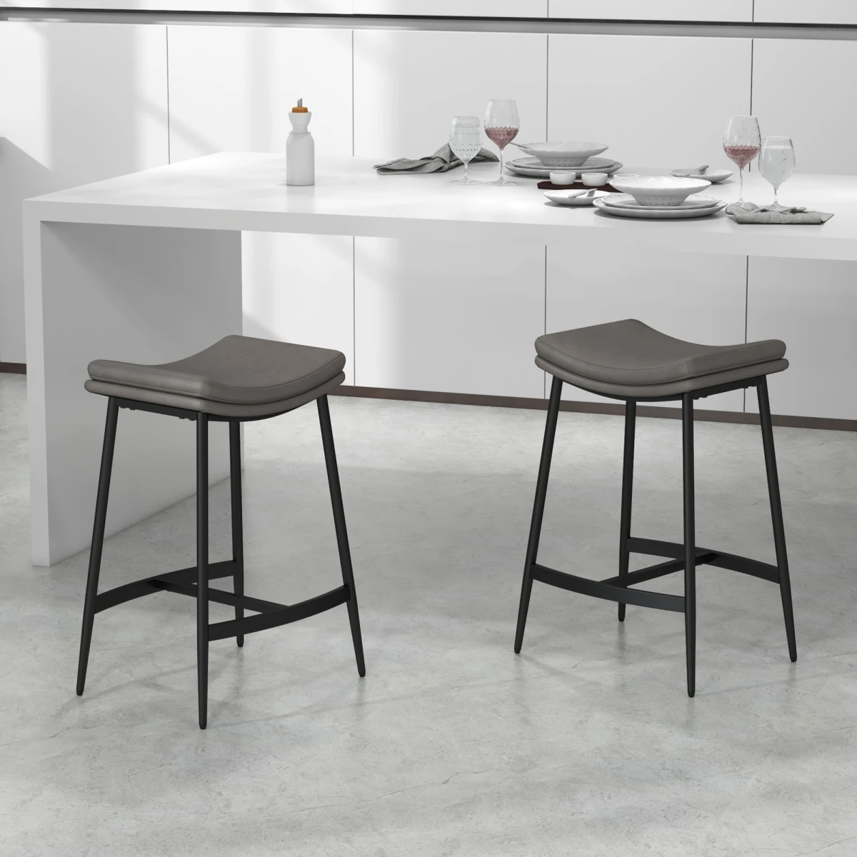 HOMCOM HOMCOM Bar Stool 89-99cm Curved Seat Grey Set of 2 - Bar Stool