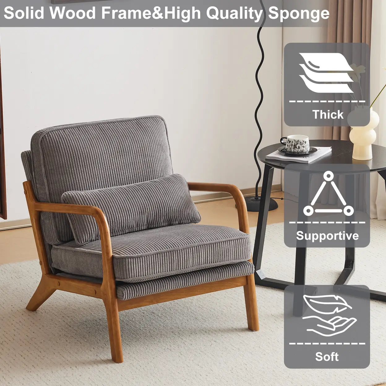 N/A Low Arm Accent Chair - Light Gray Corduroy Upholstered Indoor Lounge Chair, Compact Single Seater with Sturdy Frame (330LBS Weight Capacity) - Accent Chair