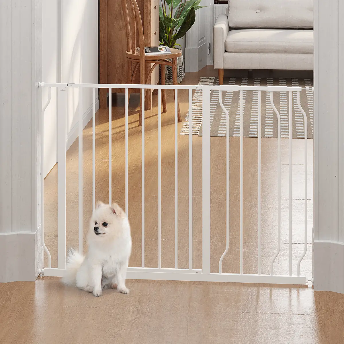 PawHut PawHut Dog Gate Wide Stair Gate w/ Door Pressure Fit, 75-115W cm, White - Pet Gate