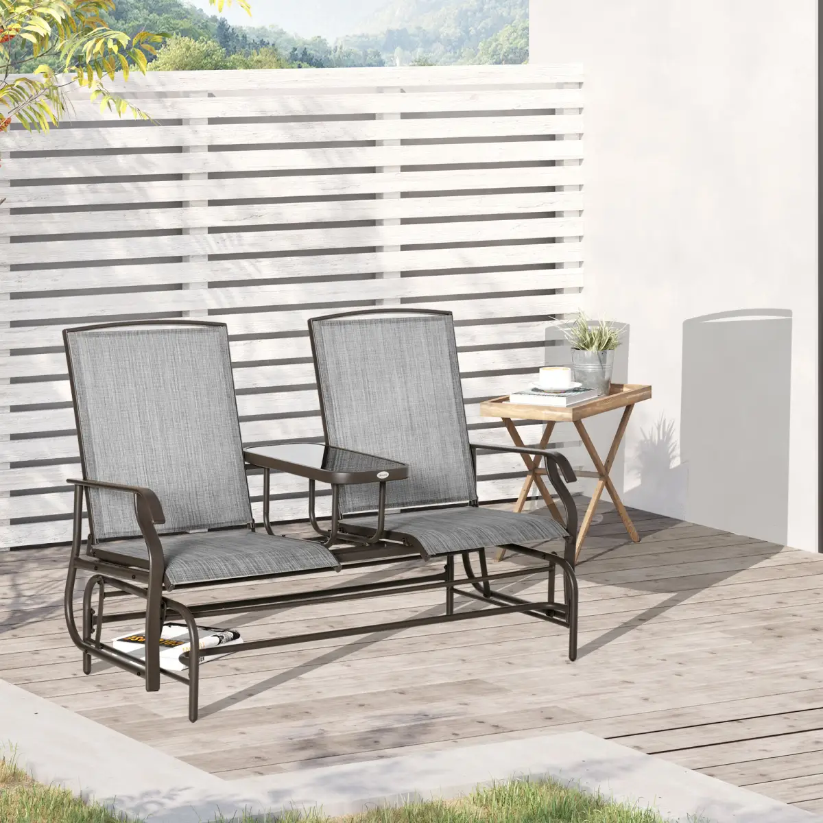Outsunny 2 Seater Metal Double Swing Chair Glider Rocking Chair Seat With Table Grey - Garden Chairs