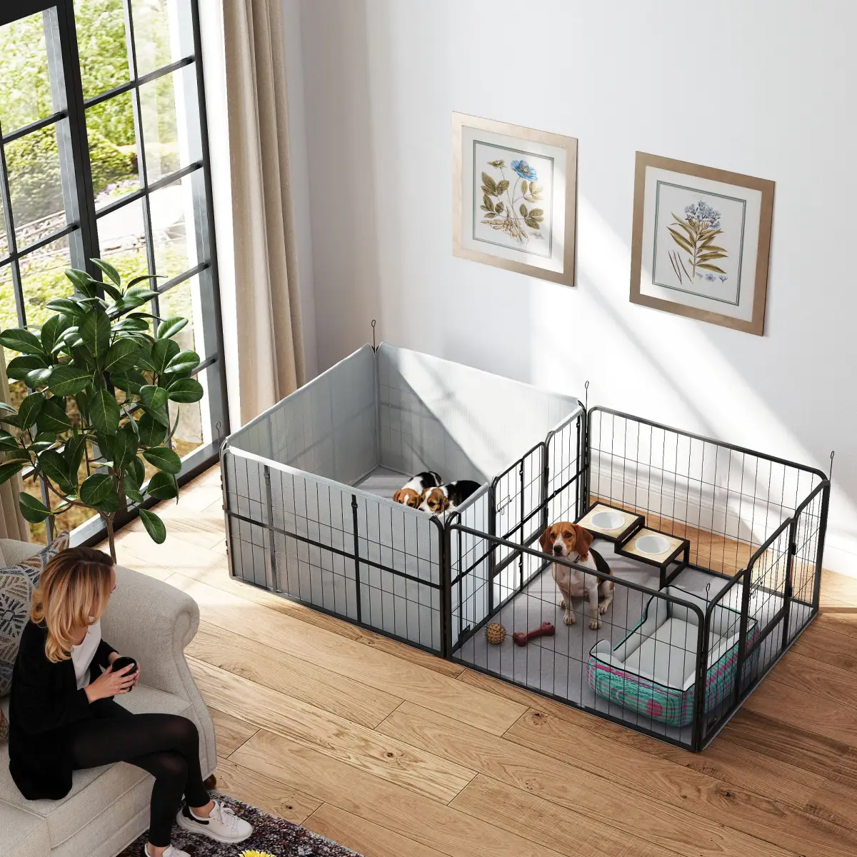 PawHut 7 Panel Whelping Box for Dogs and Puppies, Dog Playpen with Pee Pads - Pet Playpen