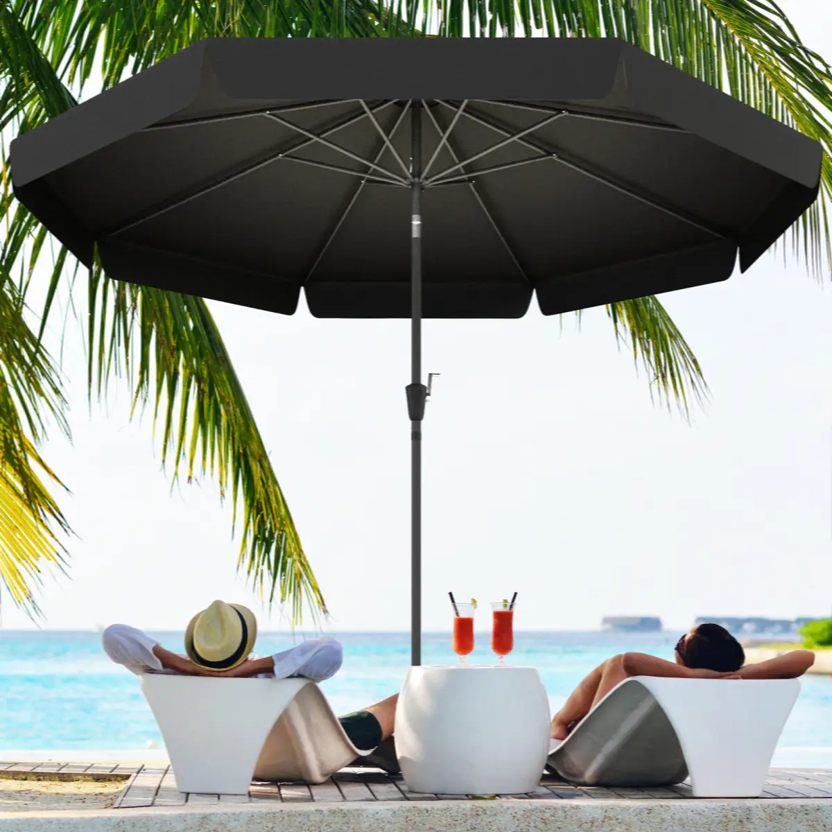 Outsunny Outsunny 2.7m Patio Umbrella Garden Parasol with Crank, Ruffles, 8 Ribs, Black - Parasol