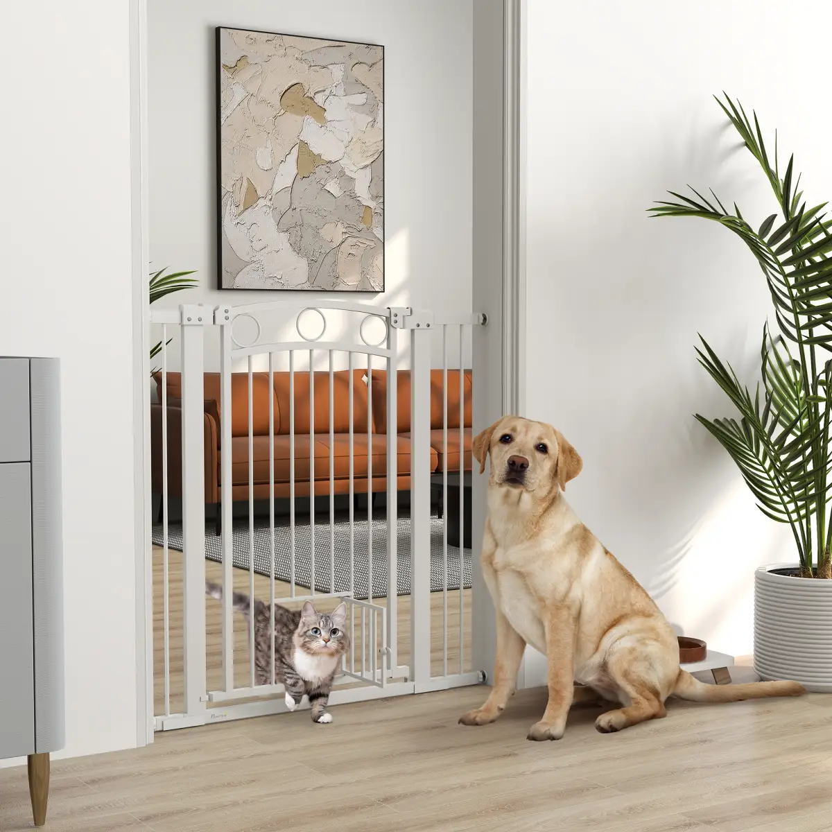 PawHut Stair Gate with Cat Door, Adjustable Width, 76-104cm and 106cm Tall - Pet Gate