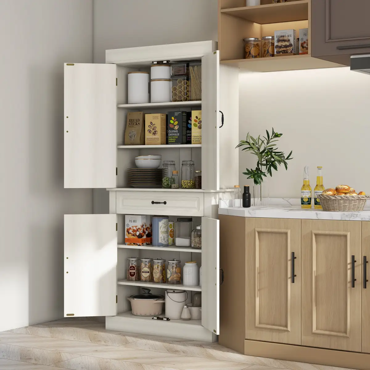 HOMCOM HOMCOM 180cm Kitchen Pantry Storage Cabinet Server Food Organizer, White - Display Cabinet