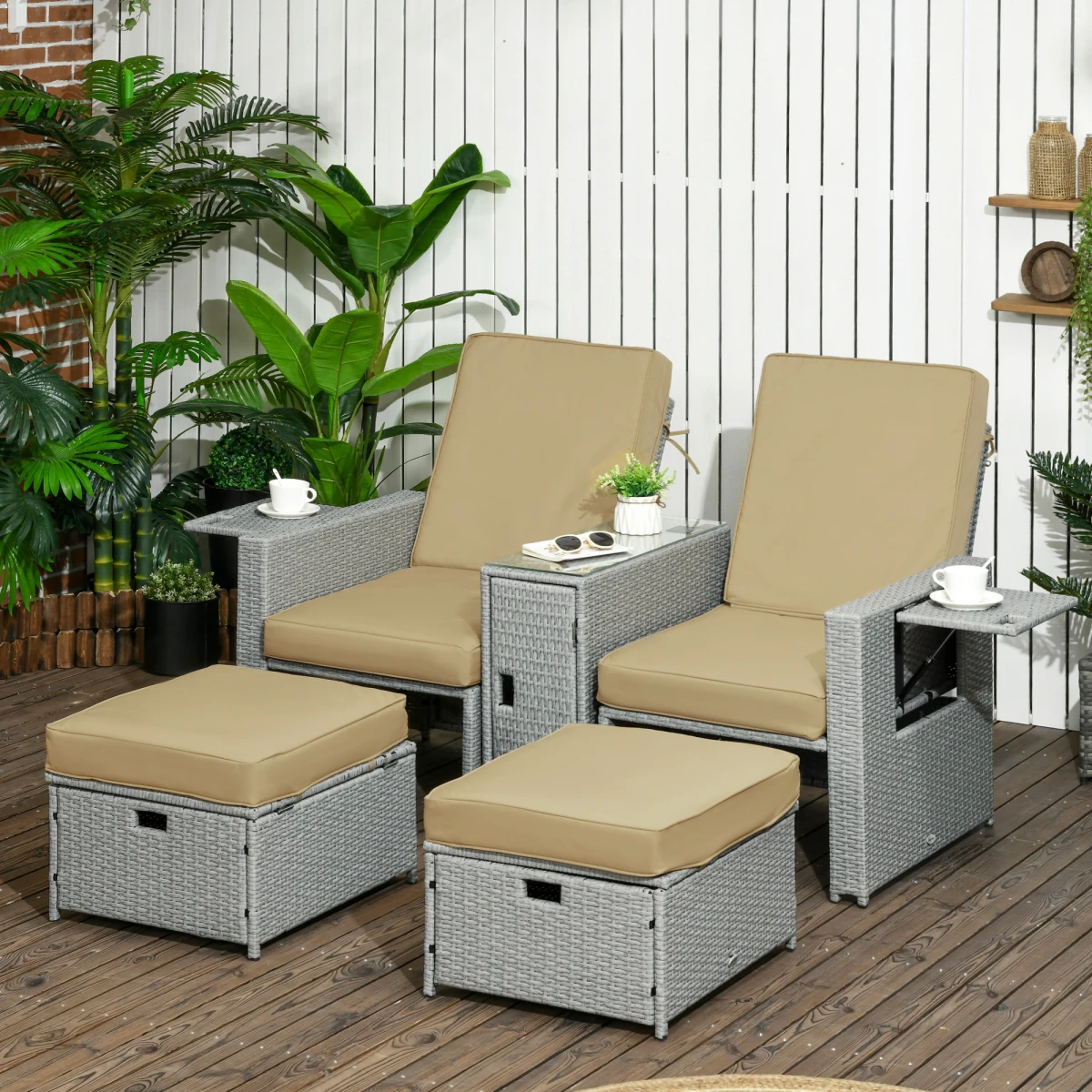 Outsunny Premium Rattan Lounge Set 5-Piece With Beige Cushions For Outdoor Patio Use And Garden Parties - Sun Lounger