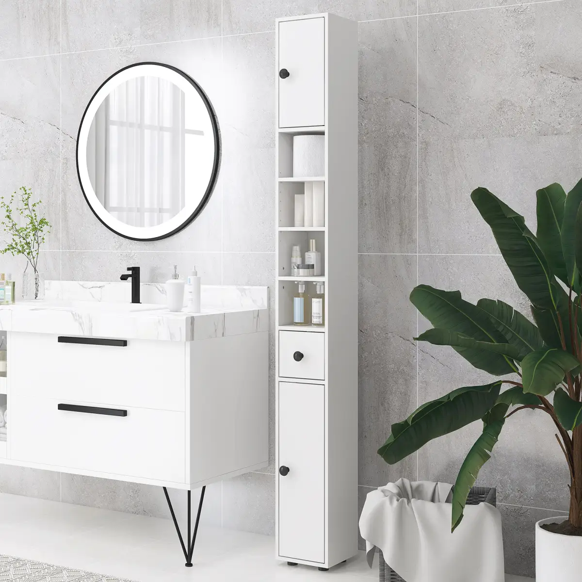 kleankin Kleankin Slim Bathroom Cabinet, Toilet Roll Storage w/ Open Shelves, White - Display Cabinet