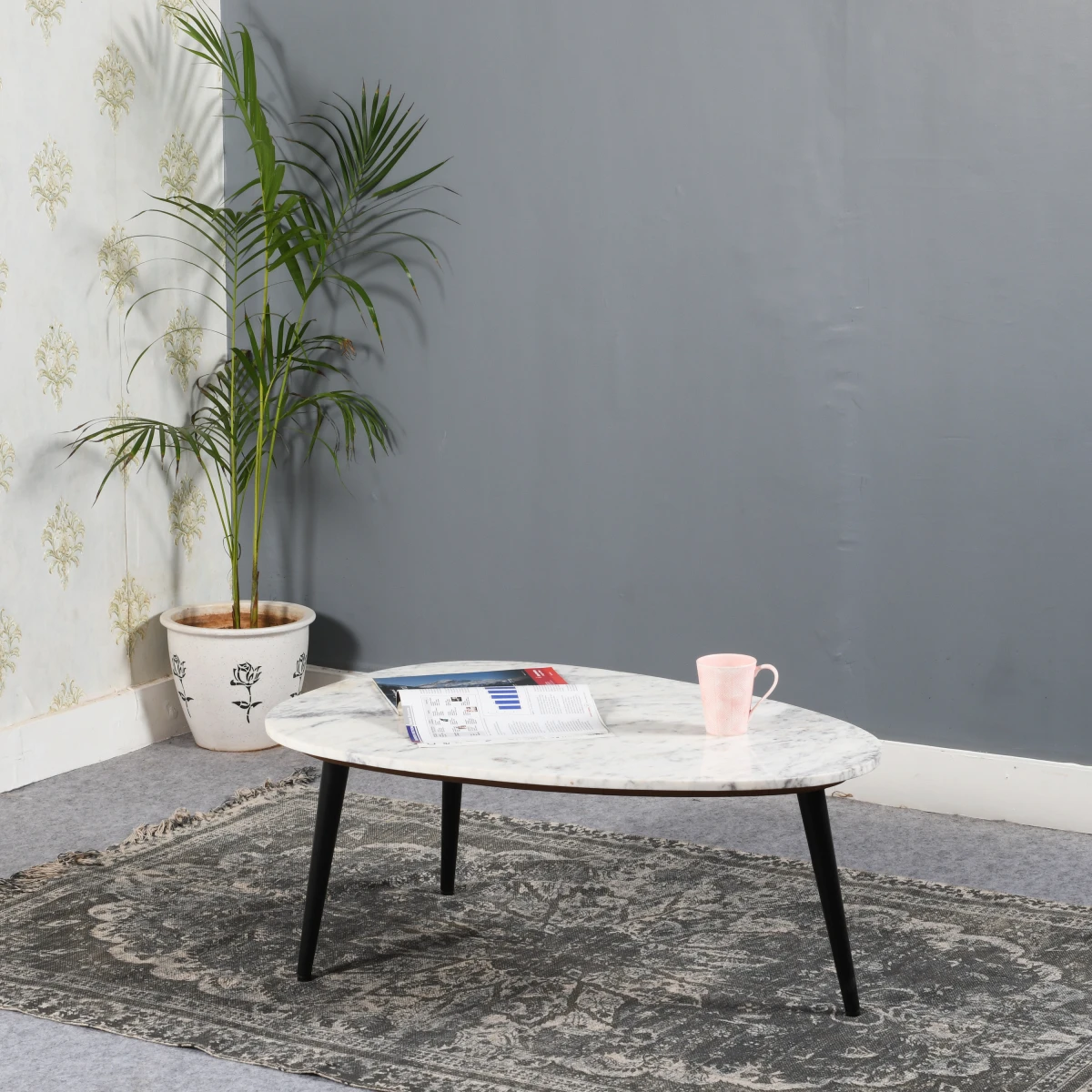 Indian Hub OpalBeauty Coffee Table Oval White Marble Top With Metal Legs Handmade In India Eco Friendly Living Room Decor - Coffee Table