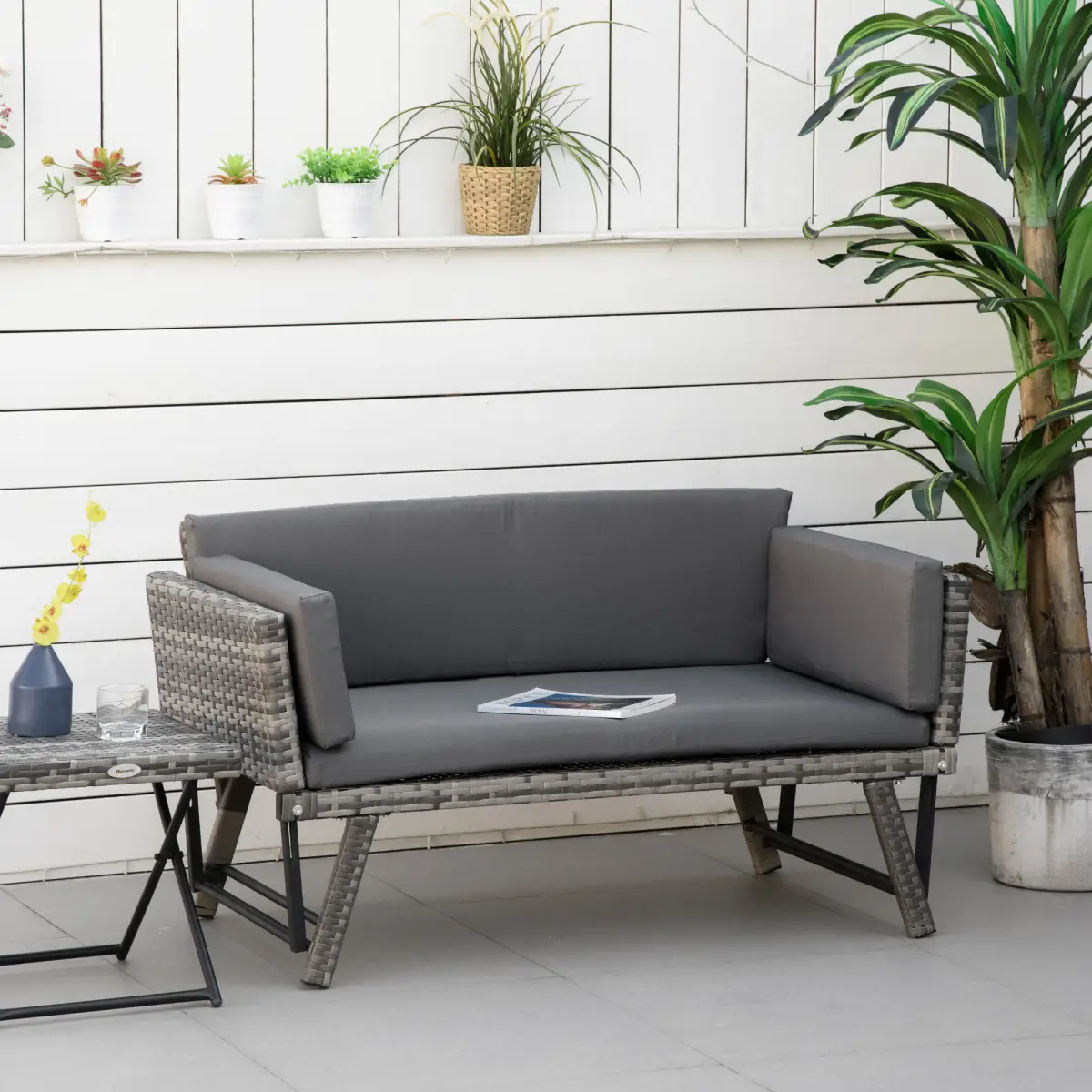 Outsunny 2 in 1 Rattan Folding Daybed Sofa Grey w/Cushion - Garden Sofa Sets