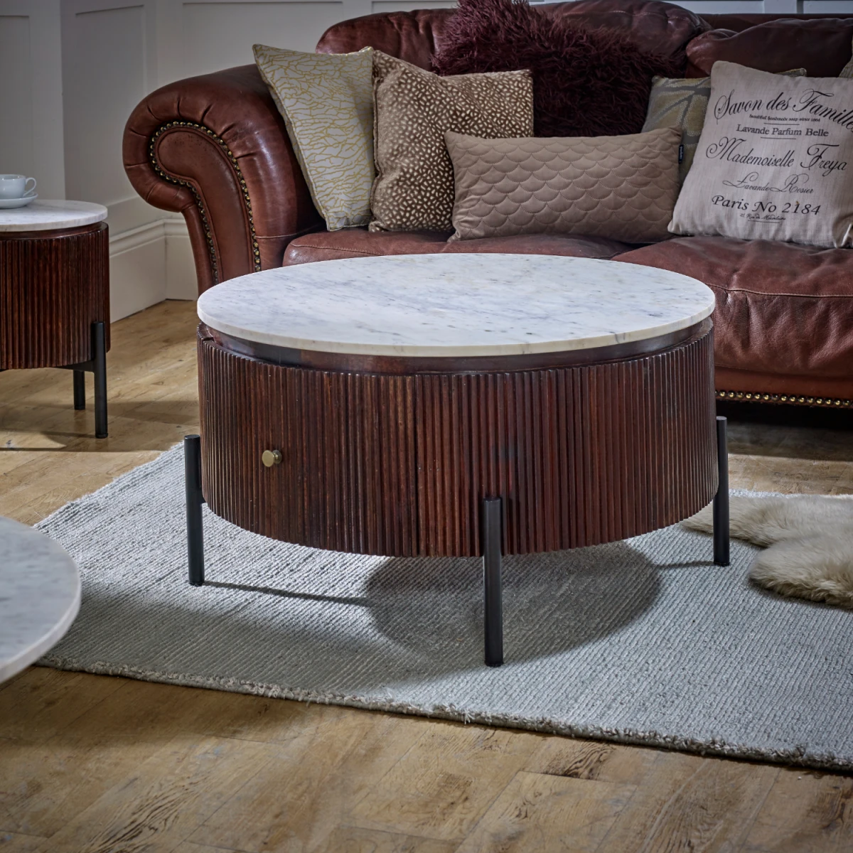 Opal Coffee Table Round Marble Top Drawer by Indian Hub