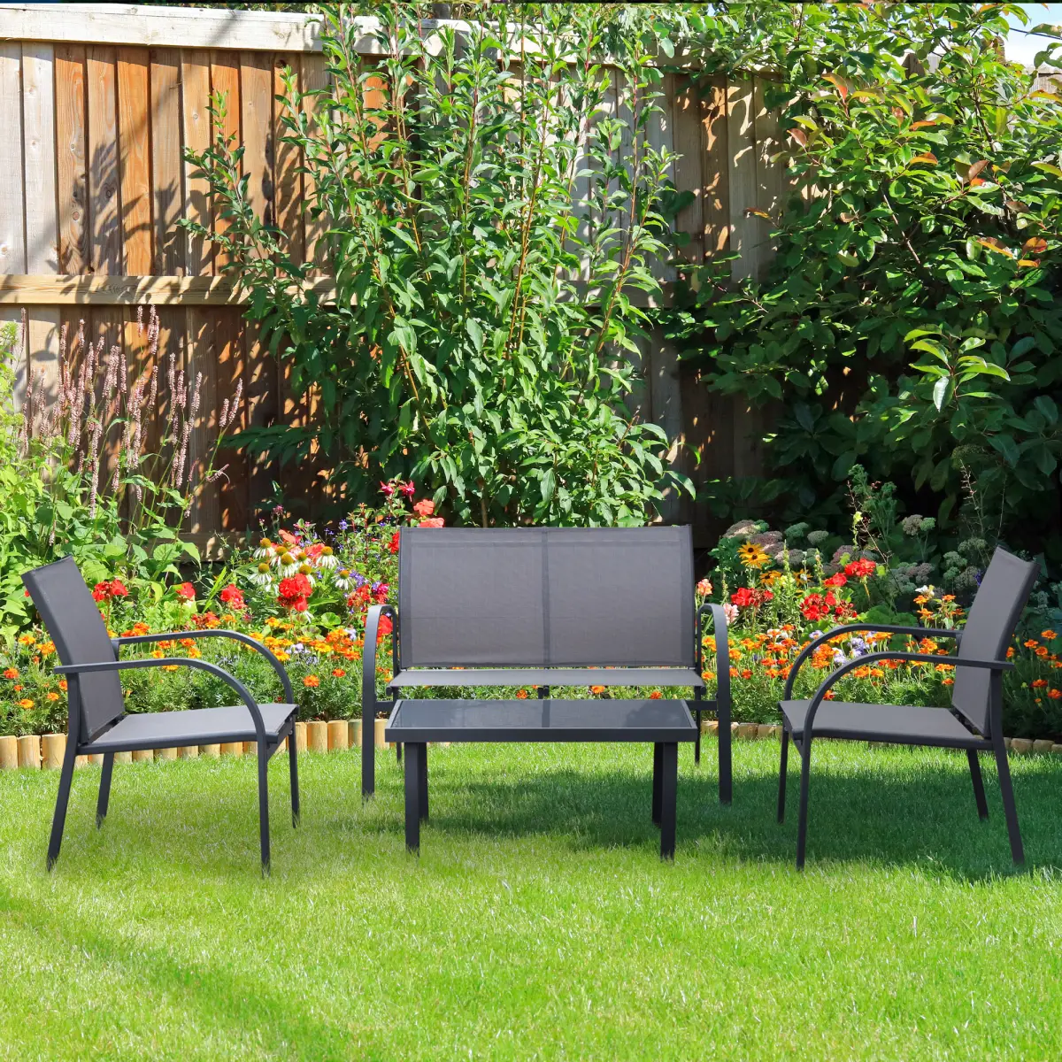 Outsunny 4 Pcs Dining Set & Loveseat 2 Chairs Glass Top Table Seats Garden Grey - Garden Set