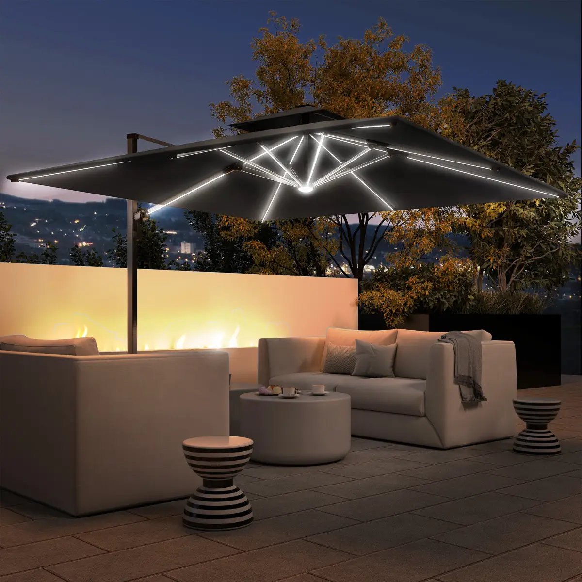 Outsunny Outsunny Garden Cantilever Parasol, Patio Umbrella w/ Solar LED Lights, Grey - Parasol