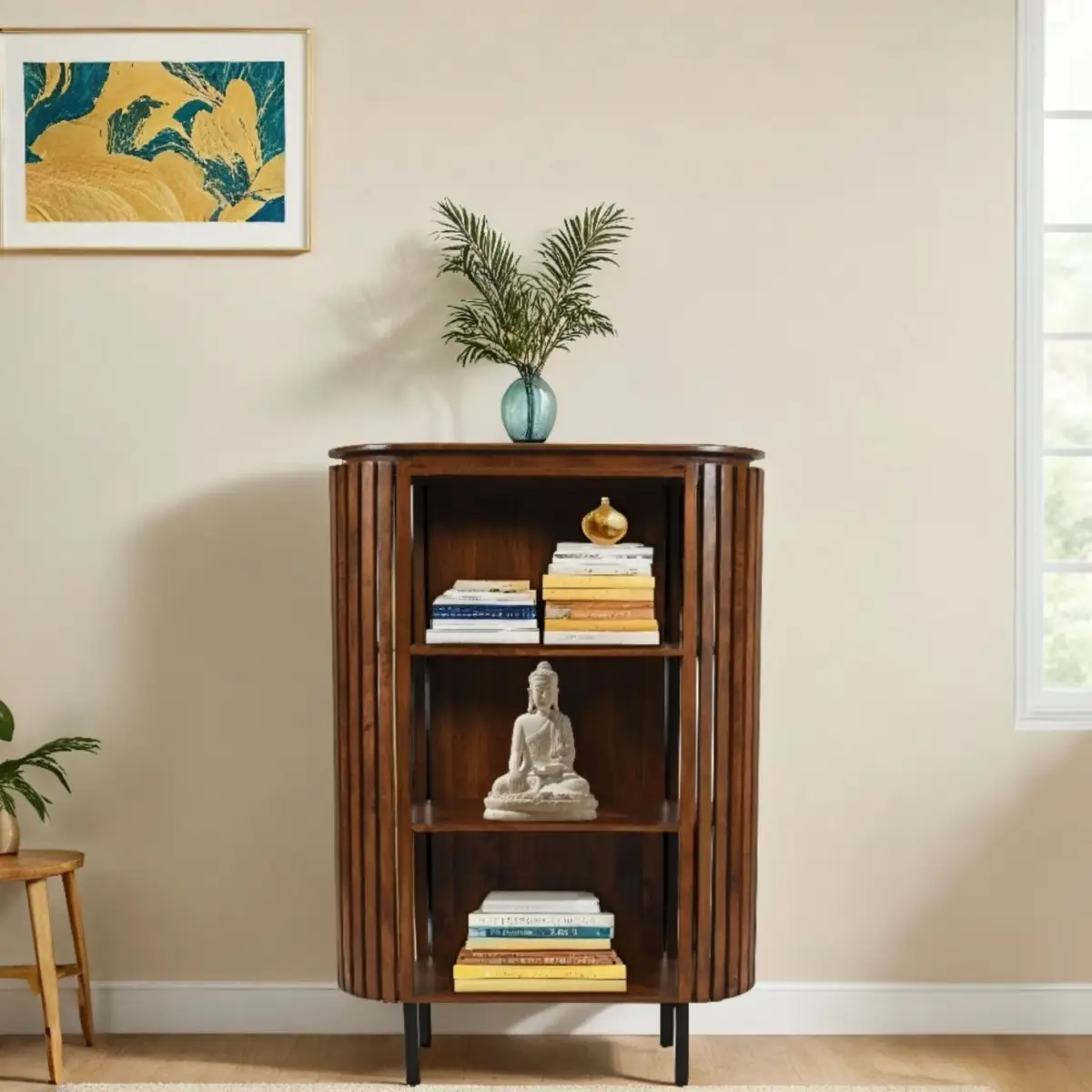Indian Hub Slatted Mango Wood Bookcase- Medium High - Bookcase