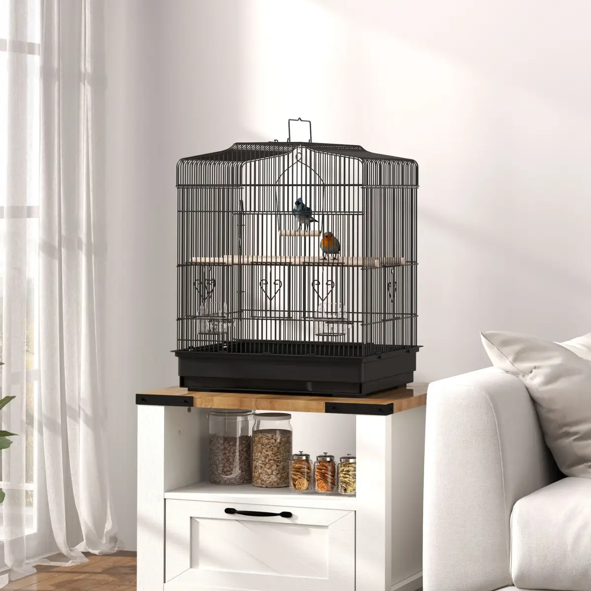 PawHut PawHut 59cm Large Bird Cage with Stand, Perches, Food Bowls, Swing, Black - Bird Cage