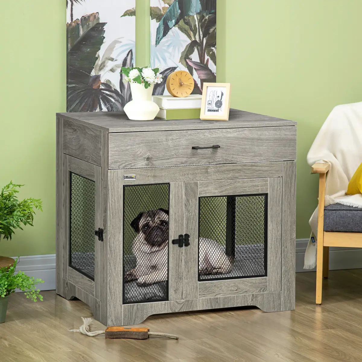 Unbranded Double-Door Dog Kennel Furniture Pet Crate, for Medium Dogs, Indoor Use - Grey -