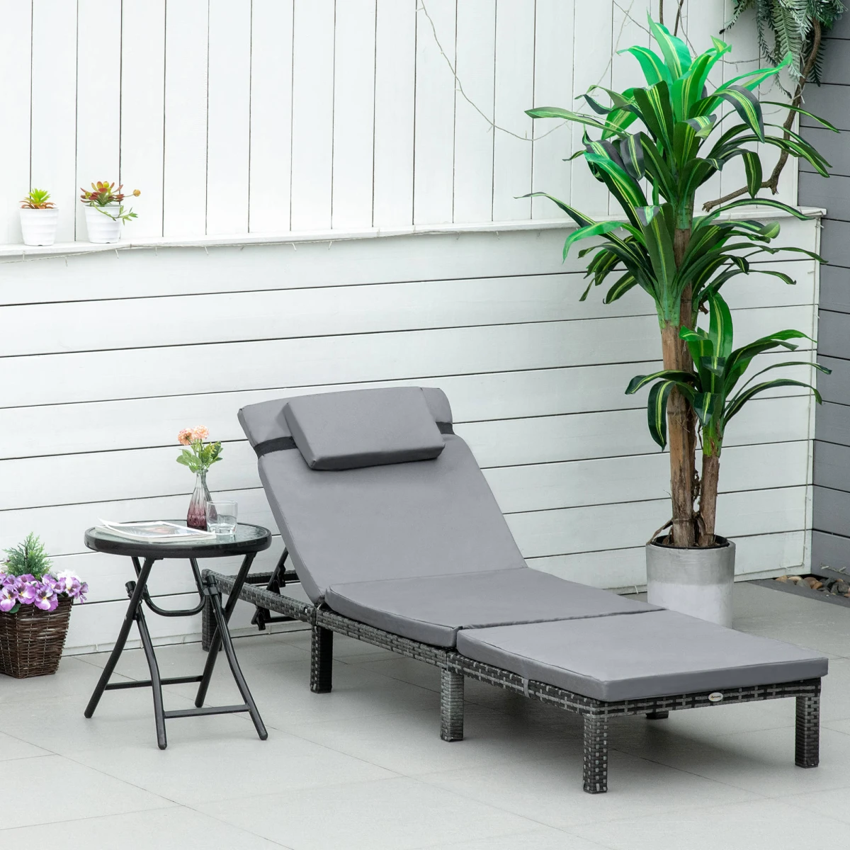 Premium PE Rattan Sun Lounger Outdoor Recliner With Five Position Backrest And Cushions Grey by Outsunny