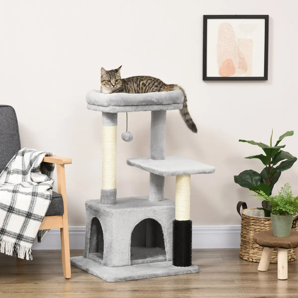 Pawhut Cat Tree Climbing Activity Center with Scratching Massage Toy Hanging Ball - Cat Tree
