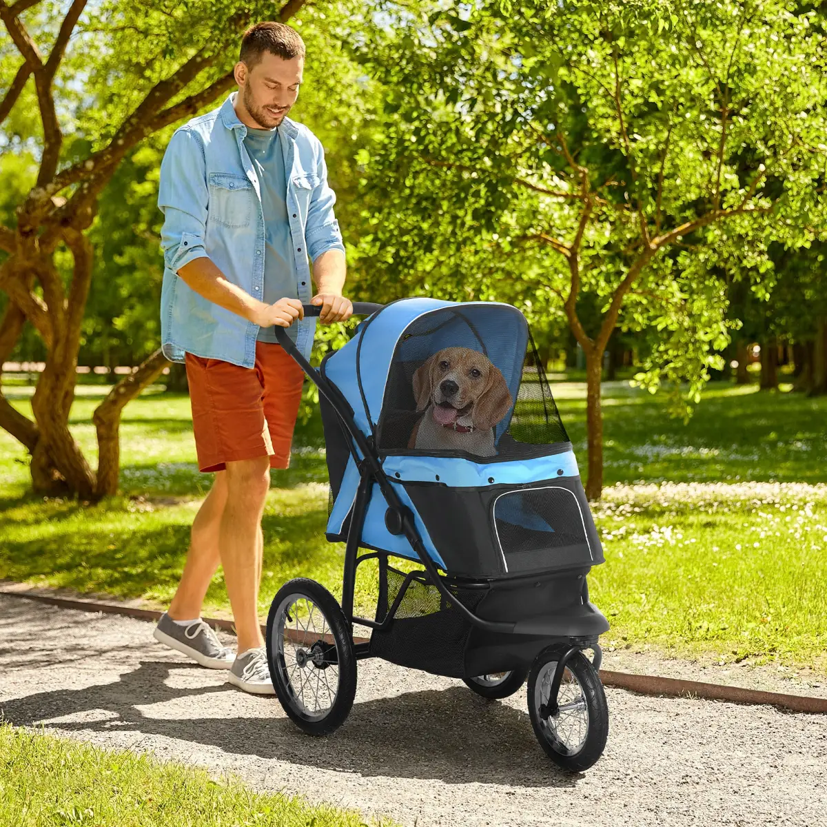PawHut 3 Wheel Pet Stroller, for Medium Small Dogs, Foldable Cat Pram - Blue - Pet Carrier