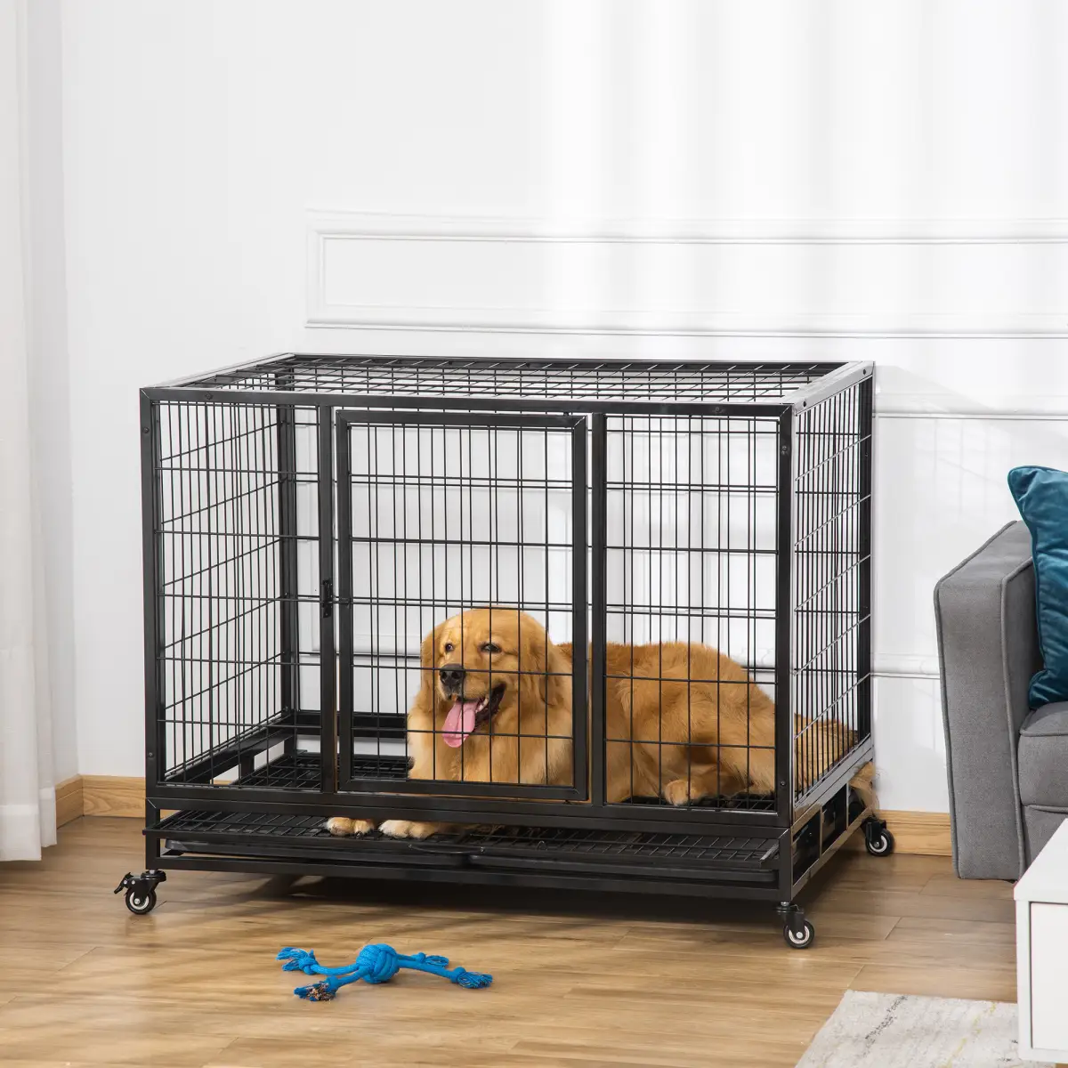 Unbranded Metal Kennel Cage with Wheels and Crate Tray for Pet Dog Large Black Pawhut - Dog Kennel