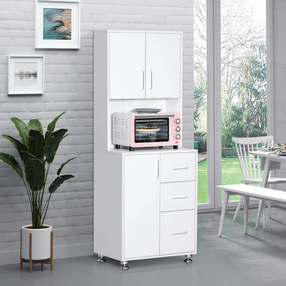 HOMCOM Premium White Kitchen Buffet Storage Cabinet 60x40x150cm With 2 Cabinets 3 Drawers Microwave Rack With Cable Management - Chest of Drawers