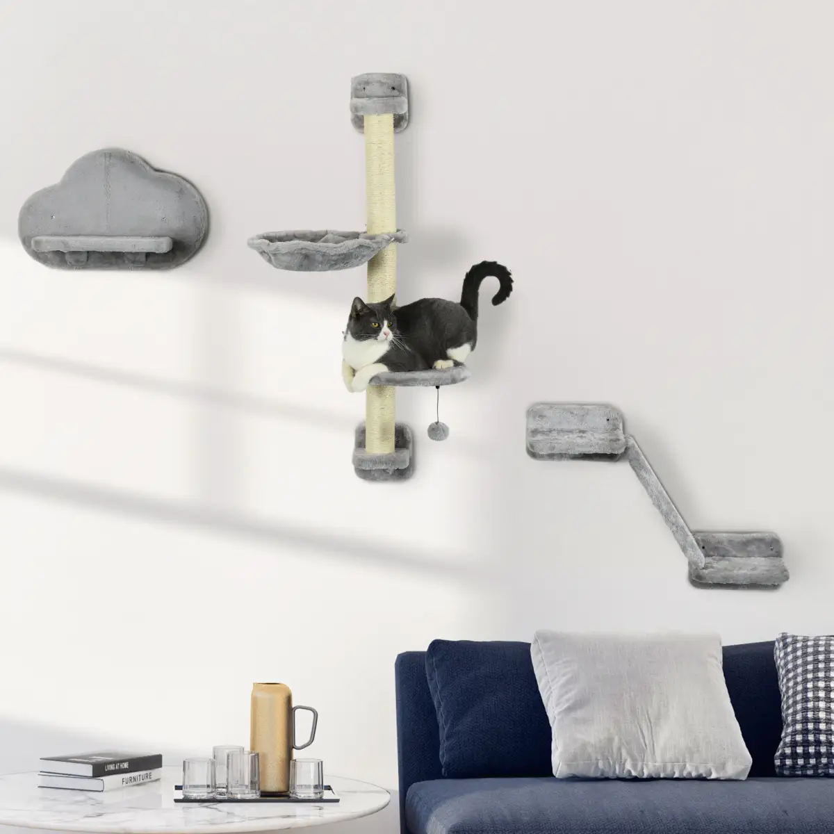 PawHut PawHut Cat Wall Furniture with Hammock Platforms Ladder Scratching Post - Grey - Cat Tree