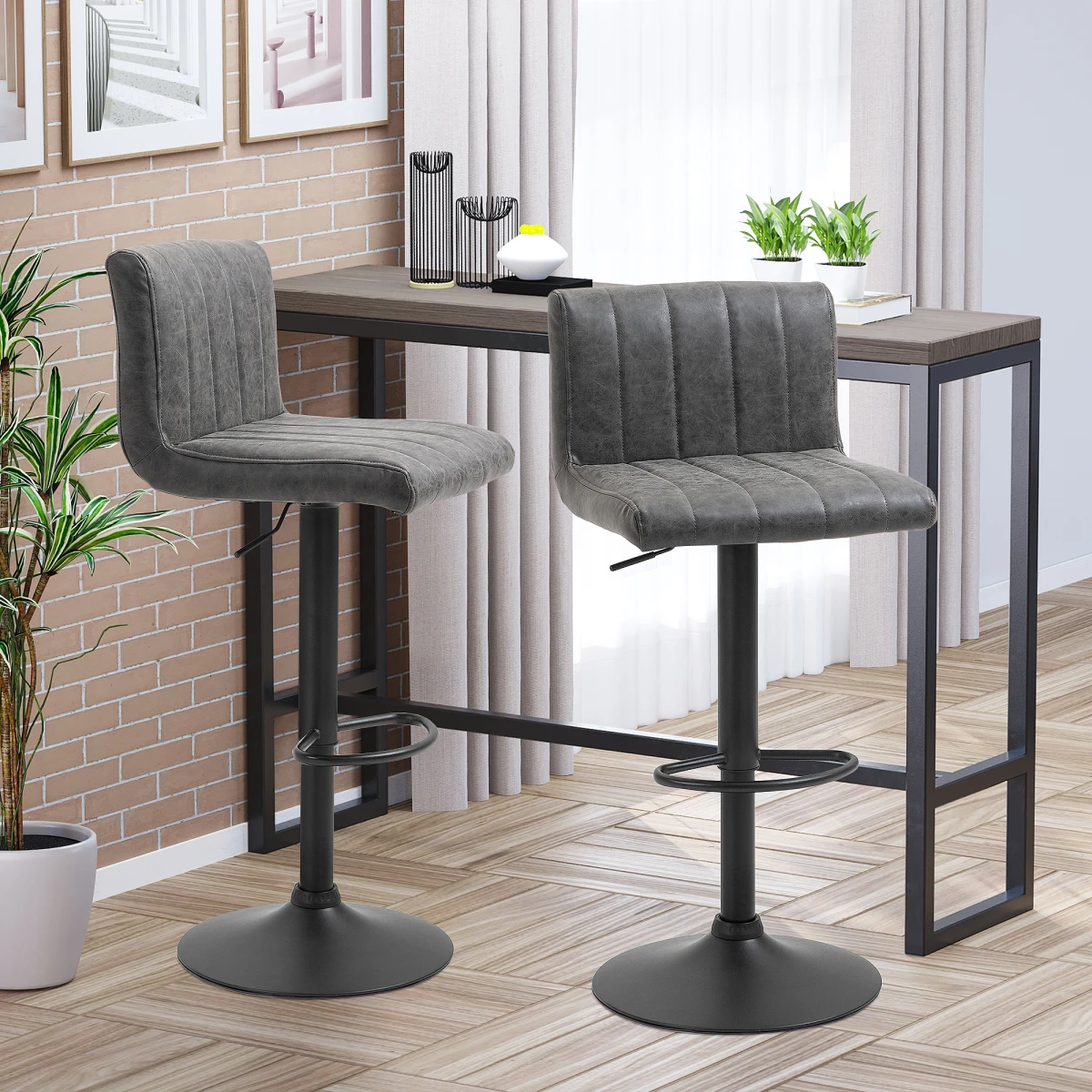 Homcom HOMCOM Premium Bar Stools Set Of 2 Adjustable Height With Footrest Grey PU Leather For Home Kitchen - Bar Stool