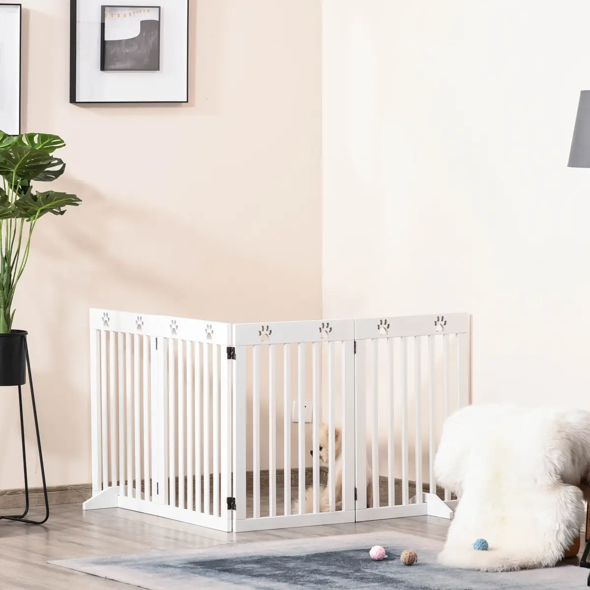 Pawhut Pet Gate Foldable Freestanding Dog Safety Barrier w/ Support Feet White - Pet Gate