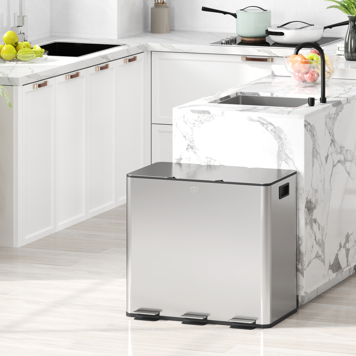 HOMCOM 3 x 15L Triple Kitchen Bin Pedal Bin for Recycling and Waste, Silver - from HOMCOM