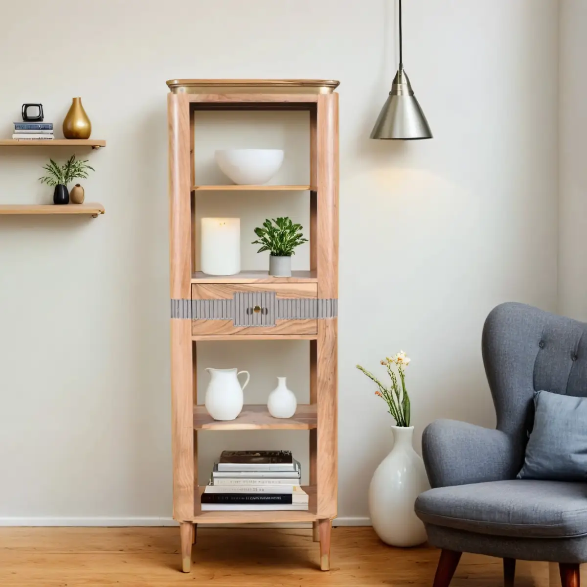 Indian Hub Wilton Acacia Wood Slim Bookcase With 1 Drawers - Bookcase