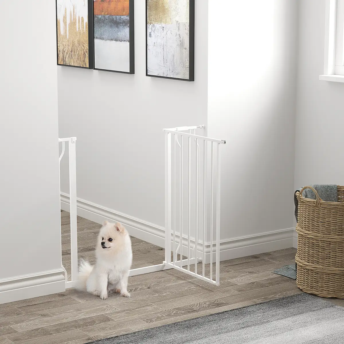 PawHut PawHut Dog Gate Wide Stair Gate with Door Pressure Fit, 75-95W cm, White - Pet Gate