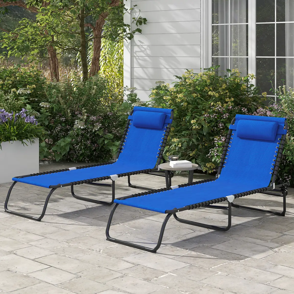 Outsunny Outsunny 2 Pcs Folding Beach Chair Chaise Lounge 4 Adjustable Positions, Blue - Sun Lounger