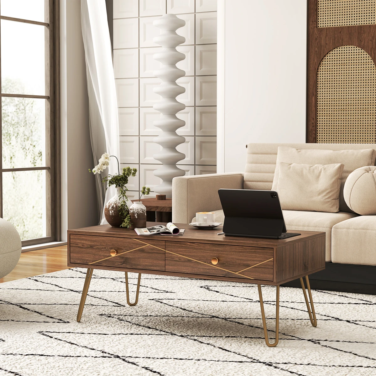 HOMCOM Coffee Table Long Woodgrain Finish With Two Drawers Gold Hairpin Legs Living Room by HOMCOM