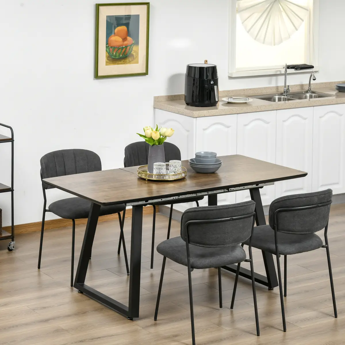 Extendable Dining Table Rectangular Wood Effect Tabletop with Metal Frame - Dining Table