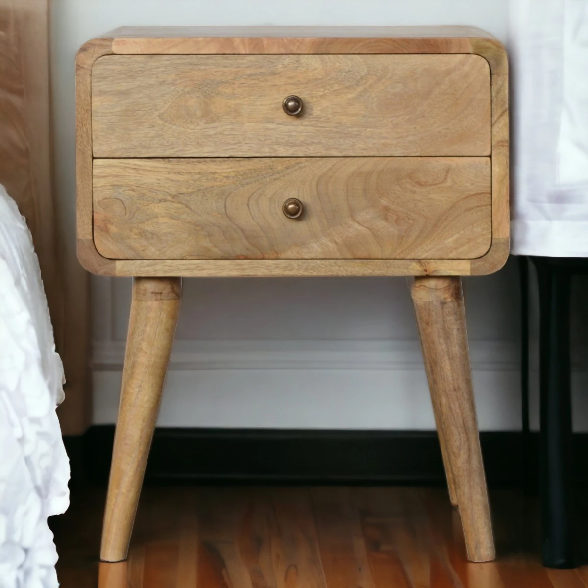Artisan Furniture Artisan Bedside Table Solid Mango Wood Curved Edges Oak Finish Compact Size Two Drawer Nightstand For Bedroom - Bedside Table