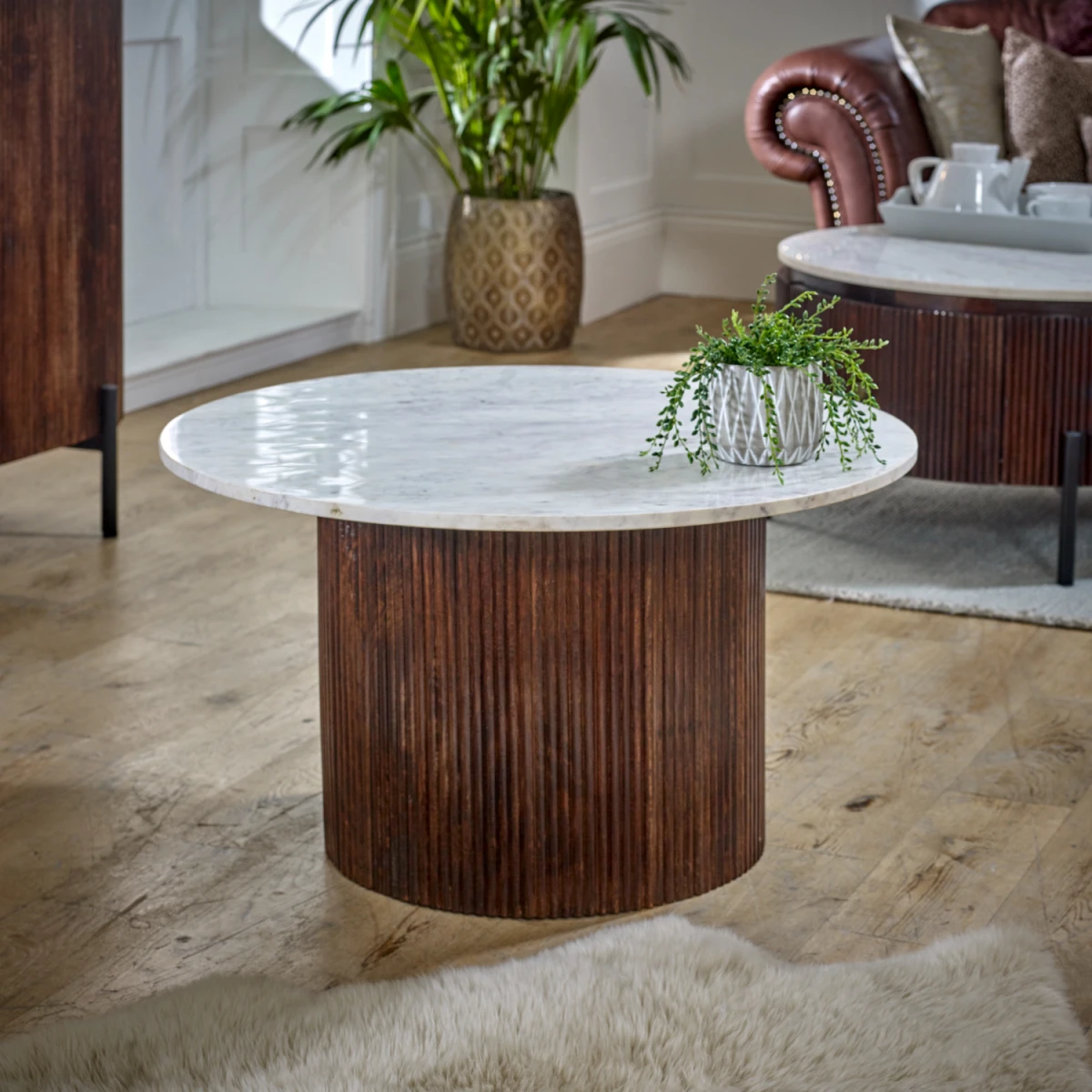 Indian Hub Opal Round Marble Coffee Table Fluted Base Living - Coffee Table