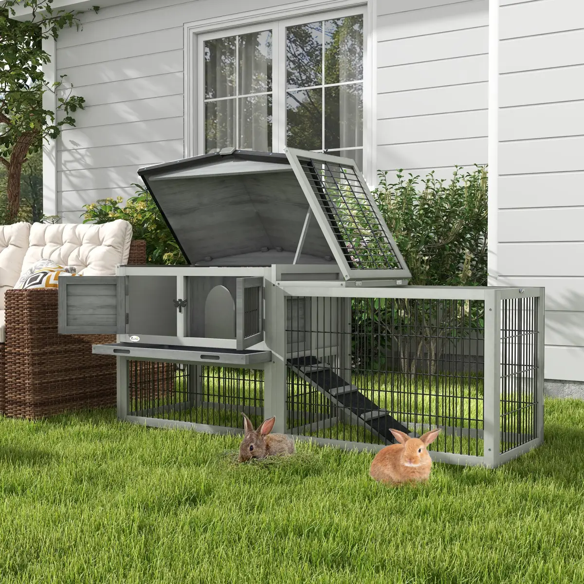 PawHut Pawhut Rabbit Hutch Pet House Outdoor Run Design w/ Water-Resistant Paint Ramp - Rabbit Hutch