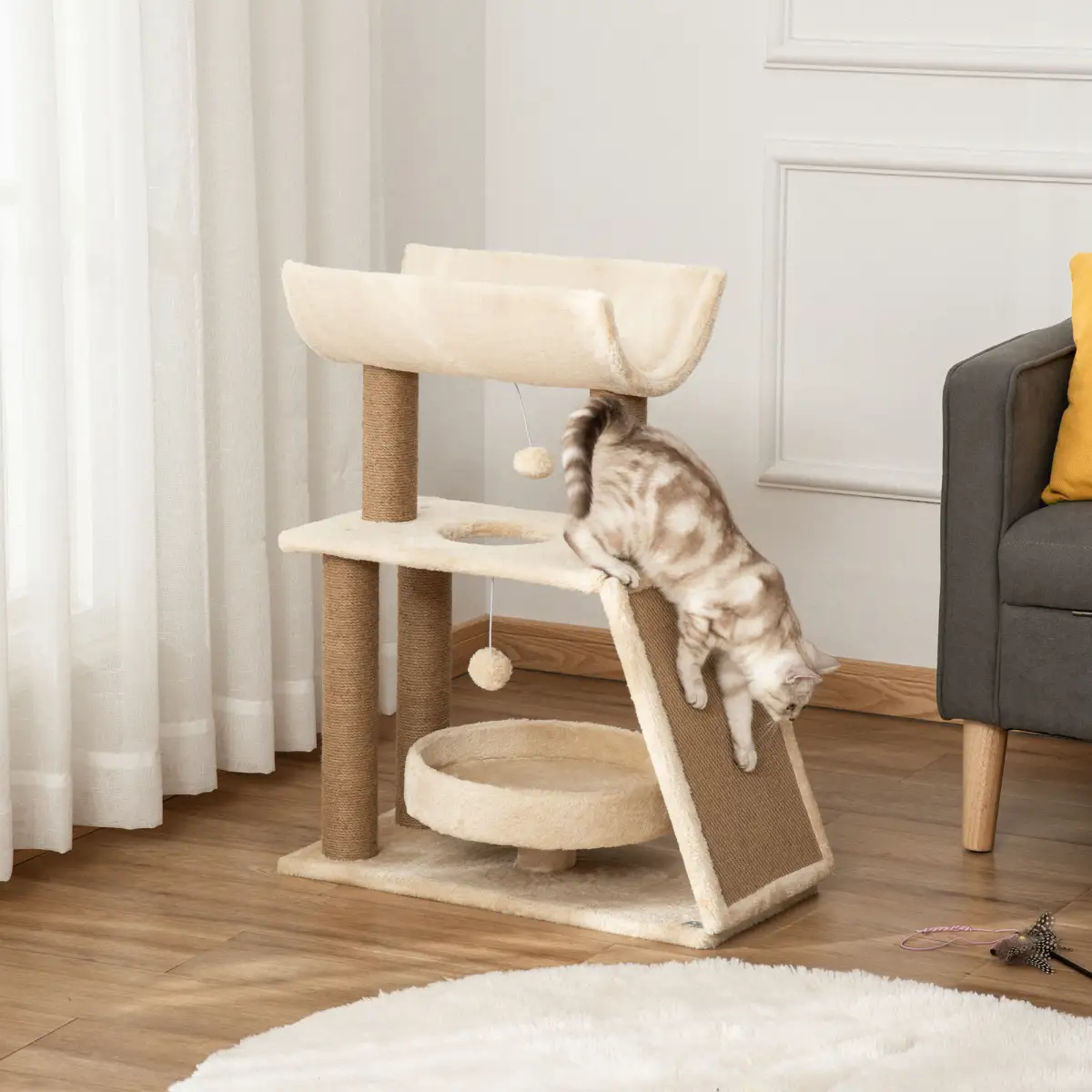 PawHut Cat Tree Kitten Tower w/ Scratching Post, Pad, Bed, Perch, Toy Ball - Cat Tree