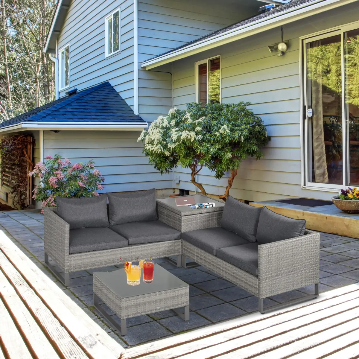 Outsunny Outsunny 4 PCs Rattan Wicker Sofa Set Conservatory Furniture w/ Side Storage Box - Garden Sofa Sets