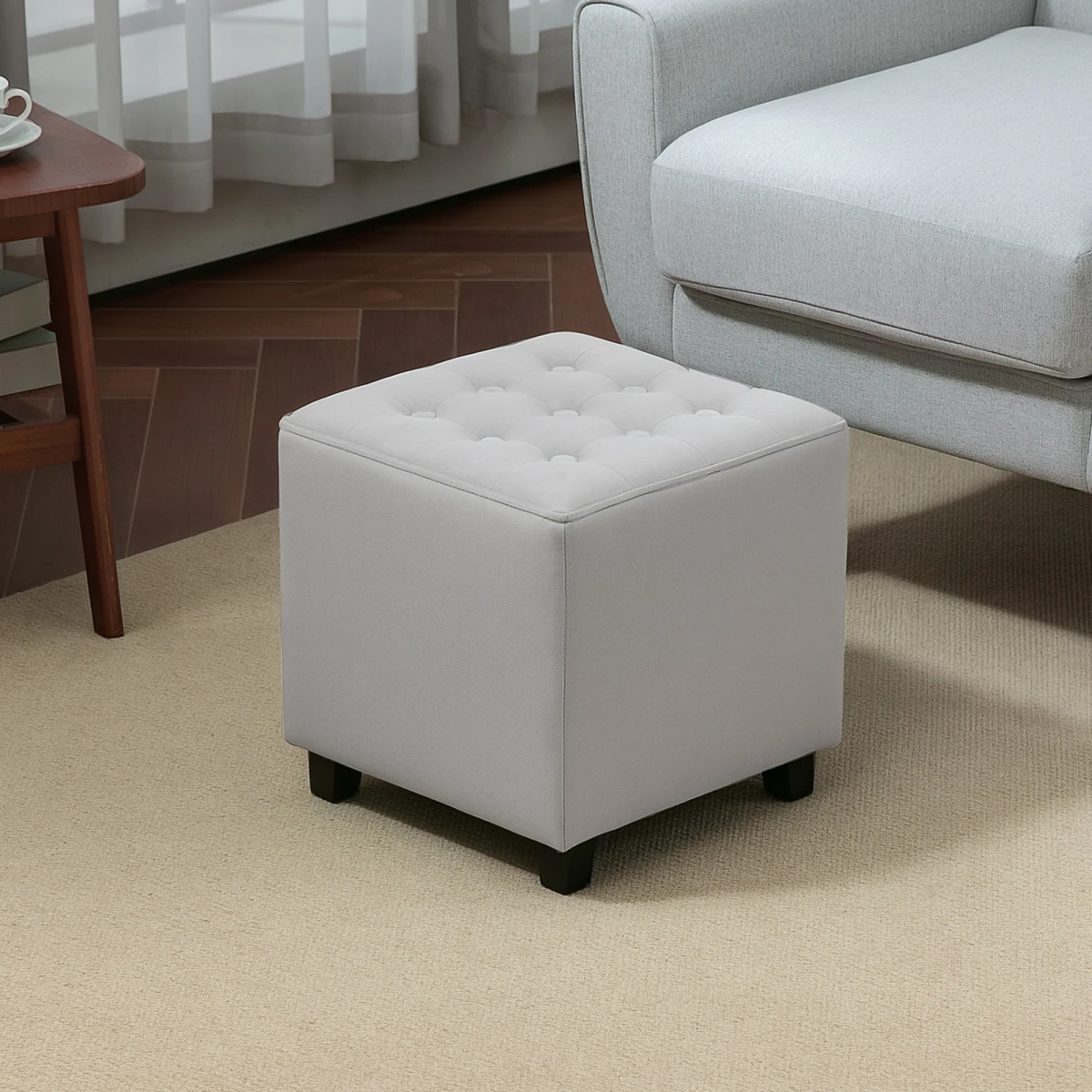HOMCOM Compact Velvet Tufted Square Footstool With Wood Legs For Bedroom Light Grey - Footstool