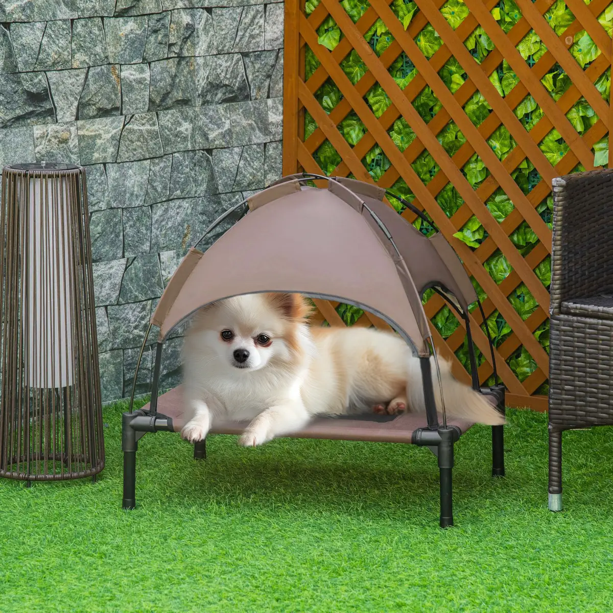 PawHut 61 cm Elevated Pet Bed Dog Cot Tent with Canopy Instant Shelter Outdoor Brown - Dog Beds