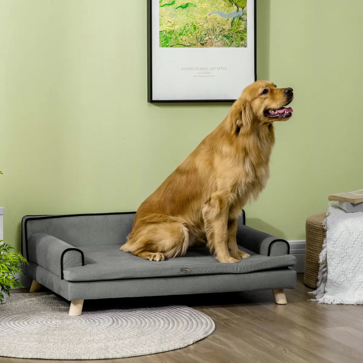 PawHut Pet Sofa for Large, Medium Dogs, with Wooden Legs Water-resistant Fabric, Grey - Dog Beds