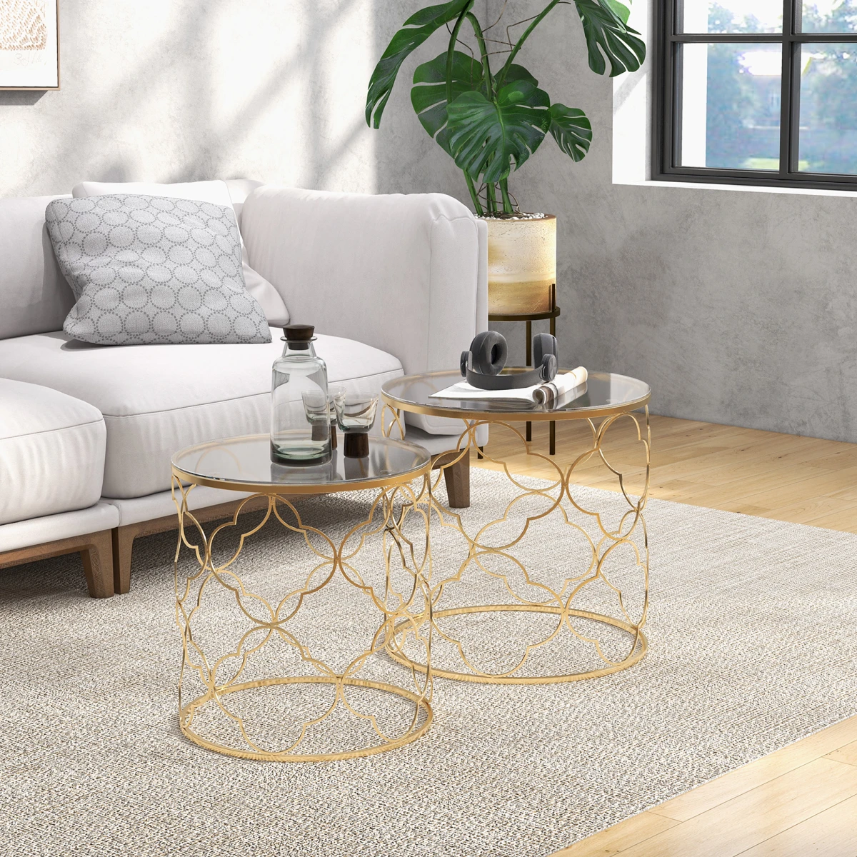 HOMCOM Nesting Tables Two Piece Glass Top Gold Tone For Modern Living Room Decor by HOMCOM