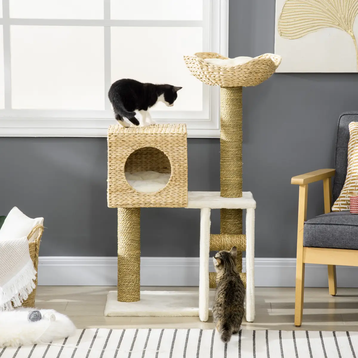 Unbranded Cat Tree Kitten Tower Cattail Weave w/ Scratching Posts, Bed, House Pawhut - Cat Tree