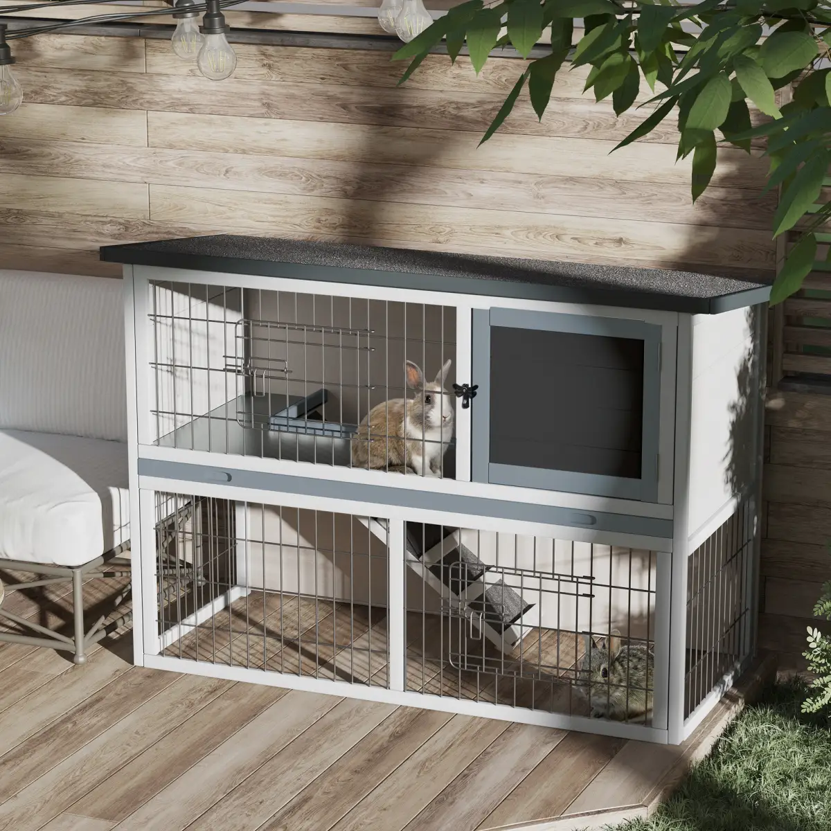 Pawhut Rabbit Hutch and Run w/ Removable Tray Openable Top for Indoors & Outdoors Grey - Rabbit Hutch